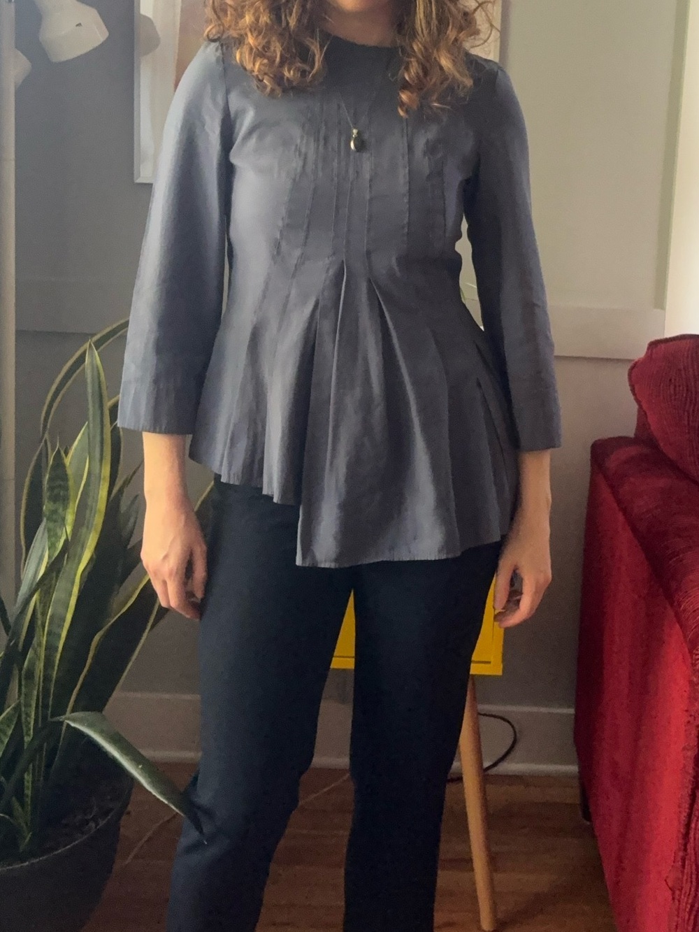 COS Women’s Slate Blue Peplum Asymmetrical 3/4 Sleeve Top